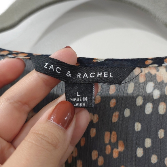 Zac & Rachel Navy Multicolor Polka Dot Long Sleeve  V Neck Blouse, Semi Sheer, L - Picture 5 of 15